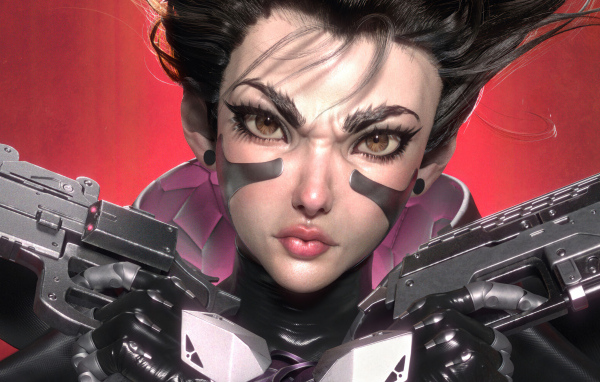 Девушка солдат с оружиев в руках 