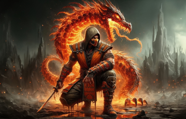 Скорпион самурай  с красным драконом