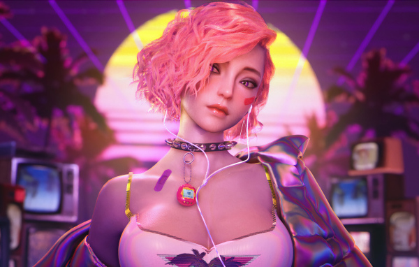 Девушка 3д с розовыми волосами 