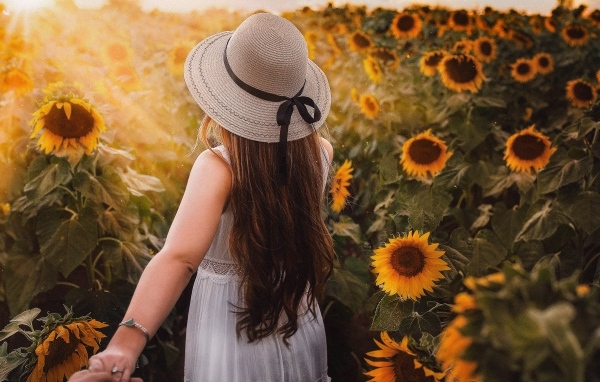 Девушка в белом платье и шляпе идет по полю с подсолнухами