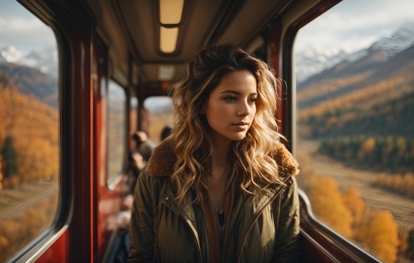 Девушка едет в вагоне поезда