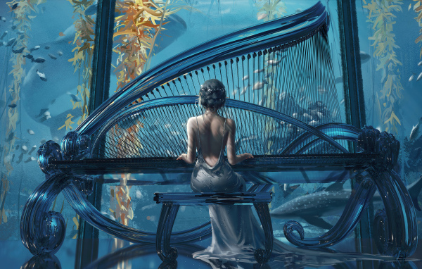 Девушка сидит за большим черным роялем