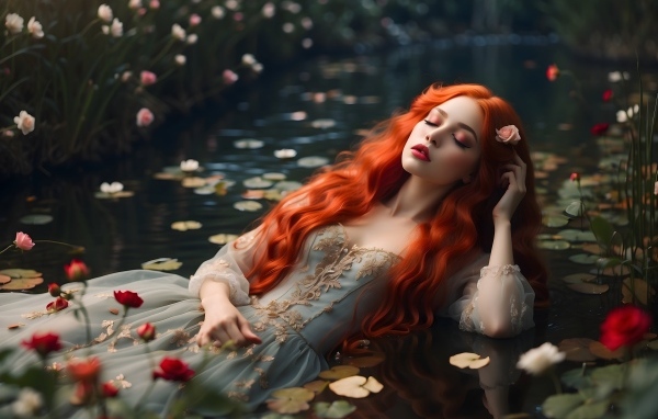 Рыжеволосая девушка в красивом платье лежит в воде