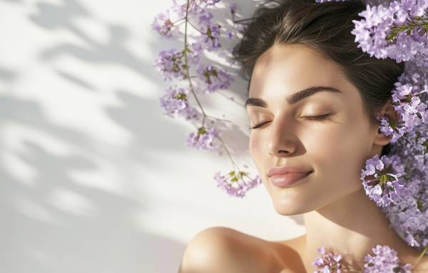 Красивая девушка с закрытыми глазами в цветах сирени
