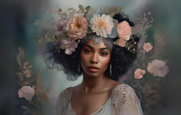 Темнокожая девушка с красивым венком из цветов на голове