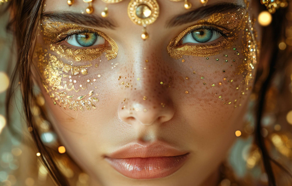 Зеленоглазая девушка с блестящим макияжем на лице