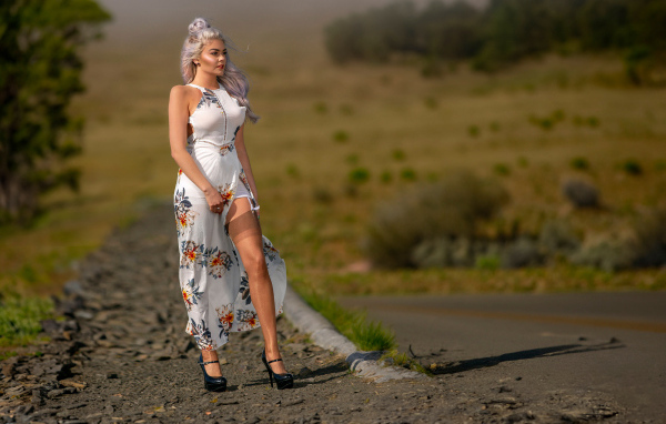 Длинноногая красивая девушка в платье у дороги