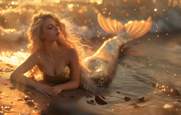 Длинноволосая девушка русалка в воде