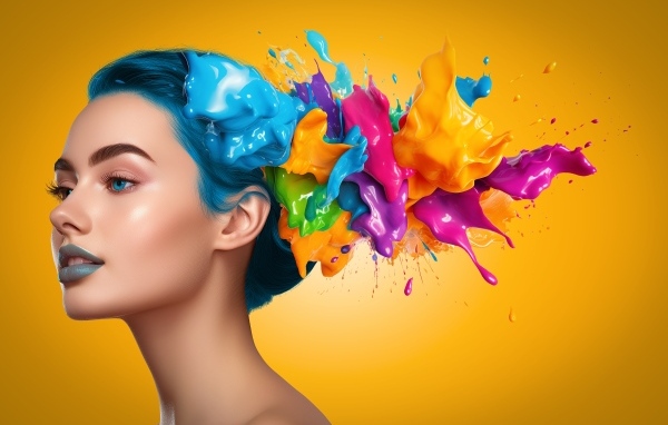 Разноцветная краска на волосах девушки на желтом фоне