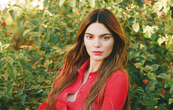 Американская модель Кендалл Дженнер в красной кофте стоит у куста