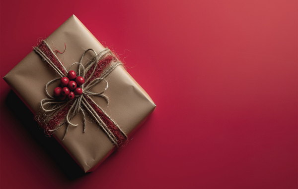 Подарок в бумаге на красном фоне