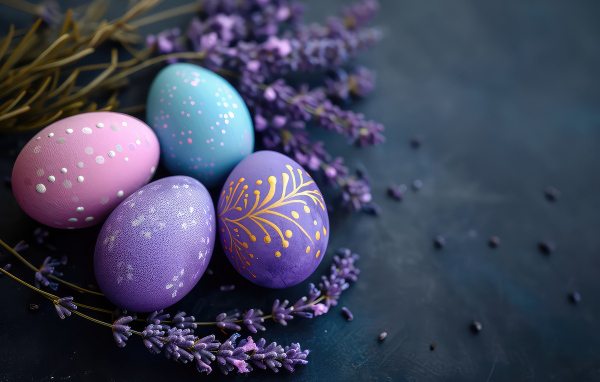 Красивые пасхальные яйца с веточками вербы на сером столе