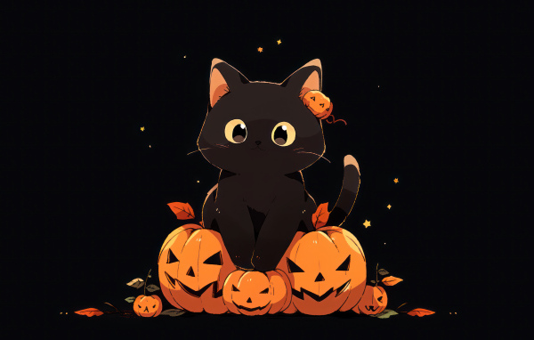Маленький черный котенок с тыквами на Хэллоуин