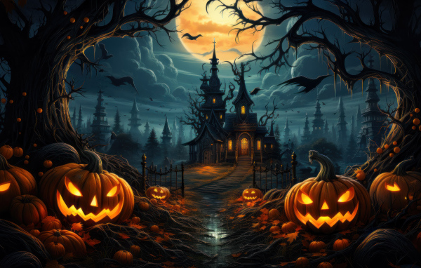 Тыквы освещают дорогу к старому черному замку