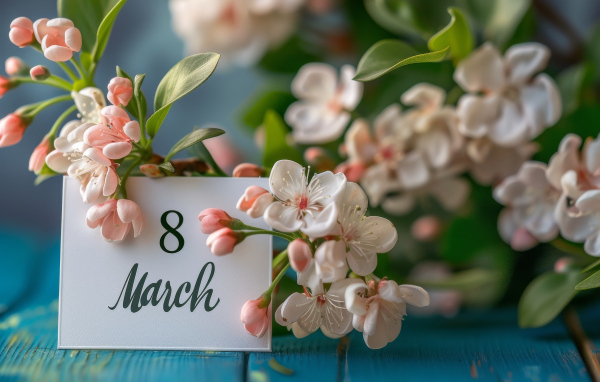Цветы яблони с открыткой на 8 марта