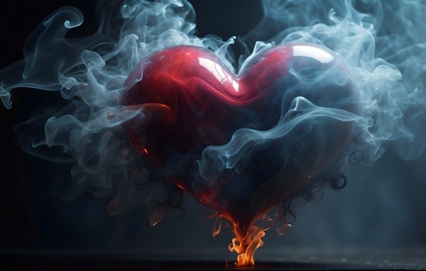 Большое горящее красное сердце в дыму