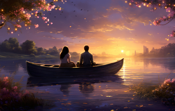 Влюбленная пара в лодке на озере на закате