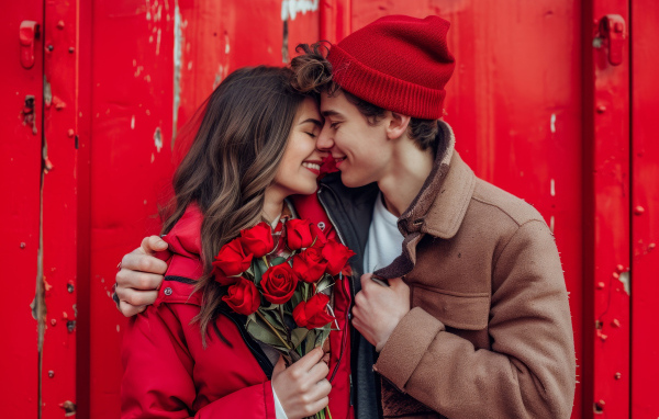 Влюбленная пара с букетом красных роз у стены