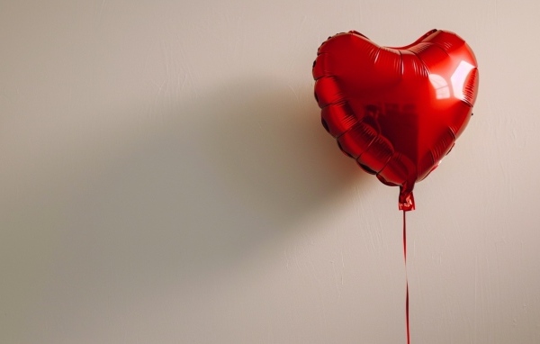 Красный шарик в форме сердца на сером фоне