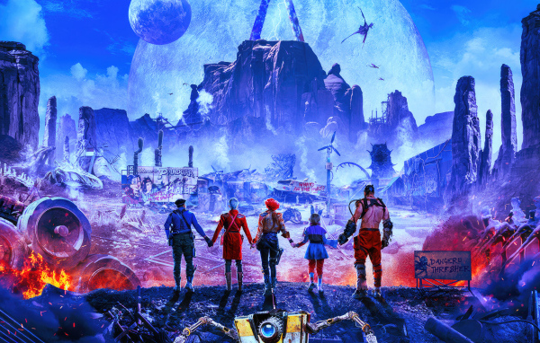 Персонажи фильма Бордерлендс на фоне города