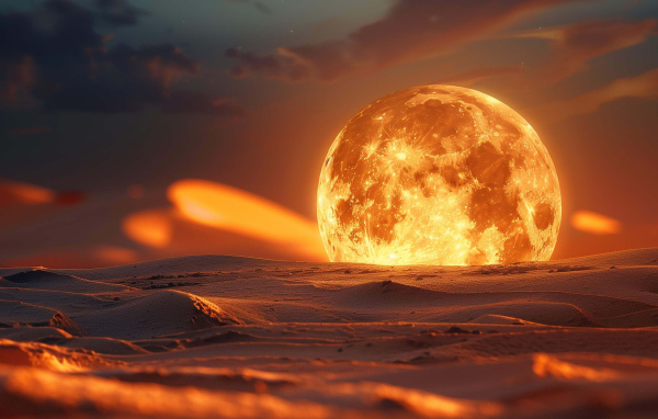 Большая огненная луна на песке