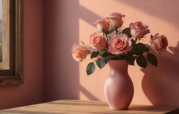 Букет нежных розовых роз в вазе у стены в лучах солнца
