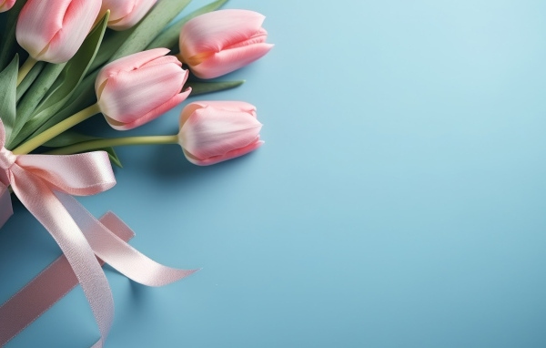 Букет розовых тюльпанов с лентой на голубом фоне
