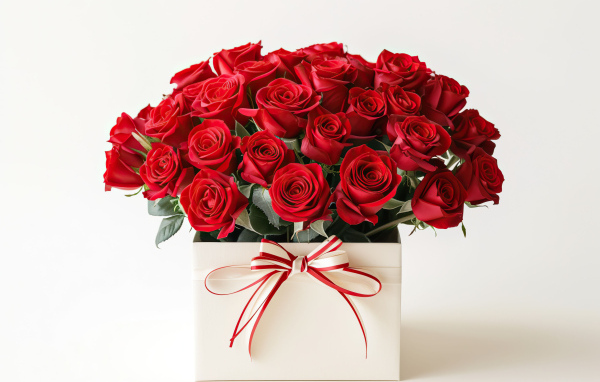 Букет красных роз в коробке на белом фоне