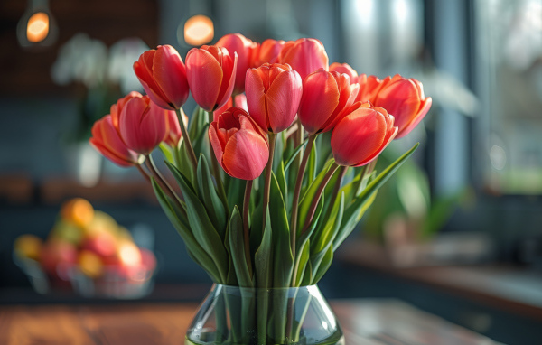 Букет красных тюльпанов в стеклянной прозрачной вазе на столе