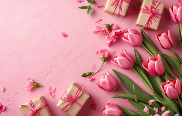 Букет тюльпанов с подарками на розовом фоне