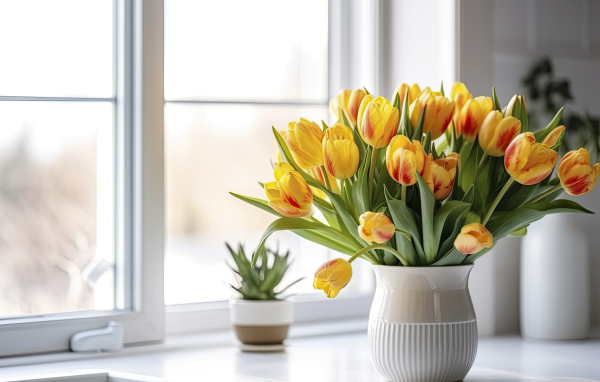 Букет желтых тюльпанов в вазе у окна