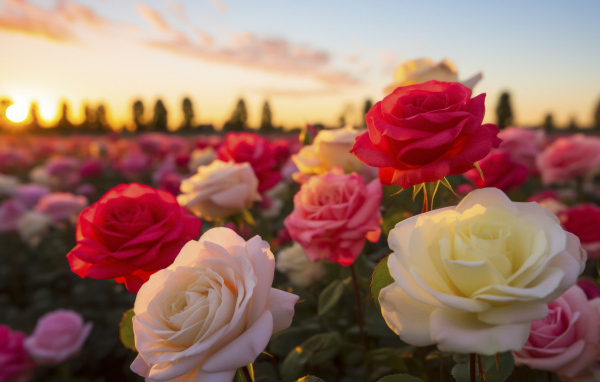 Нежные разноцветные розы в лучах солнца на закате