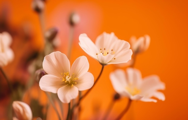 Нежные белые маленькие цветы на оранжевом фоне
