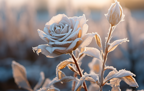 Покрытая инеем роза с бутоном в лучах солнца