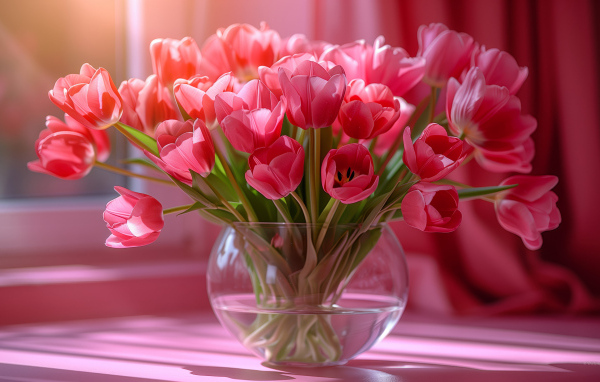 Большой букет розовых тюльпанов в стеклянной вазе