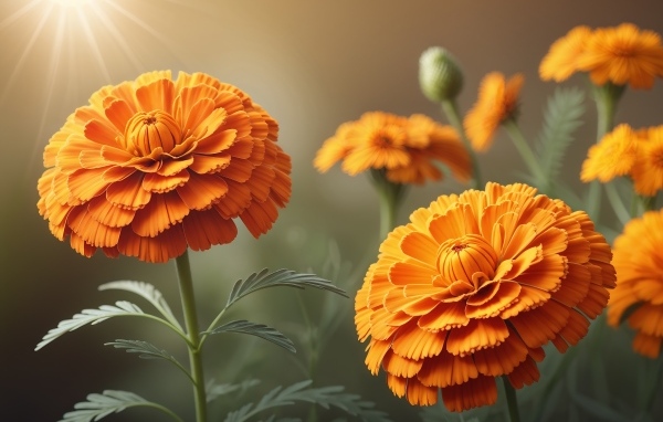 Оранжевые цветы бархатцы в лучах солнца