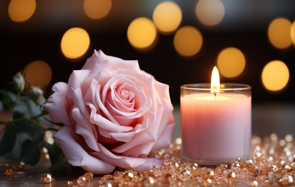 Розовая роза с зажженной свечой и камнями