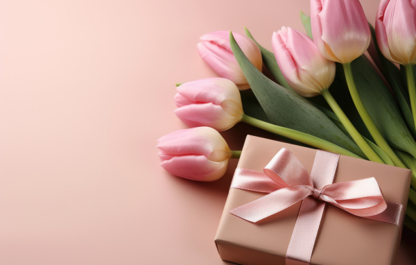 Розовые тюльпаны с подарком на столе