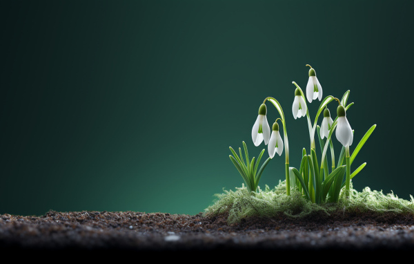 Маленькие белые подснежники на черной земле