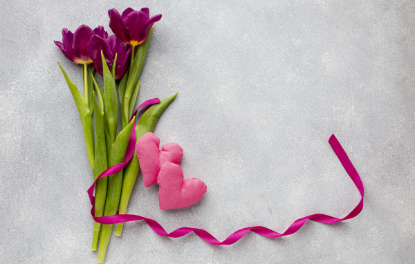 Три тюльпана, сердечко и лента на сером фоне