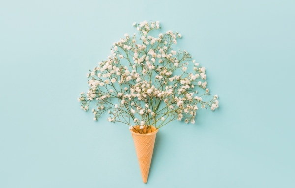 Белые цветы с вафельным рожком на голубом фоне