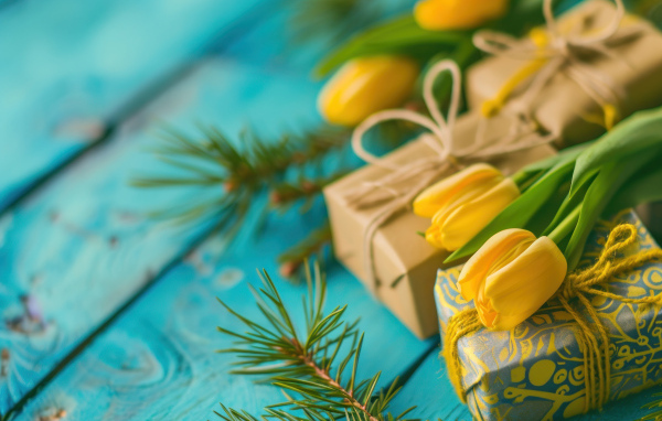 Желтые тюльпаны, еловые ветки и подарки на голубом столе