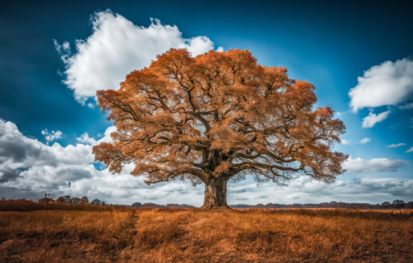 Большое сухое дерево в поле под красивым небом