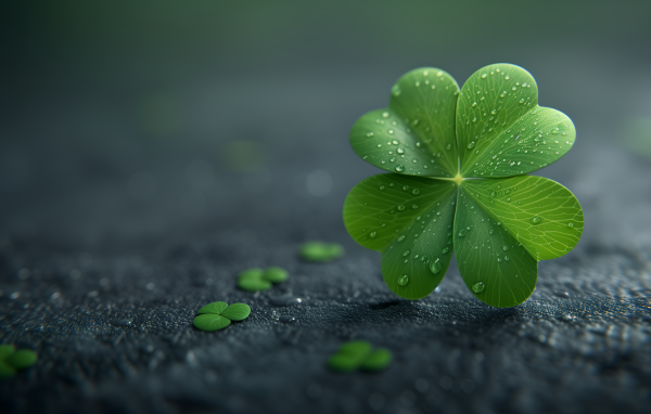 Зеленый лист клевера в каплях росы на асфальте