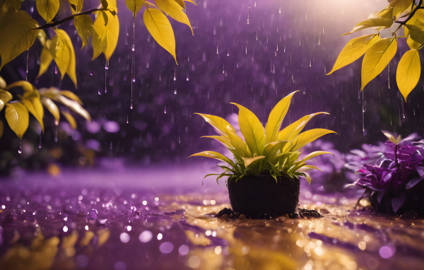 Зеленое растение стоит под дождем