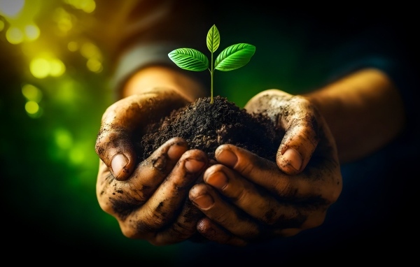 Росток в земле в ладонях мужчины