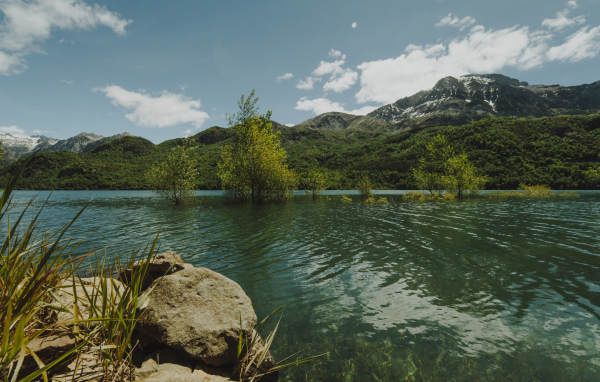 Зеленая вода в реке на фоне гор 