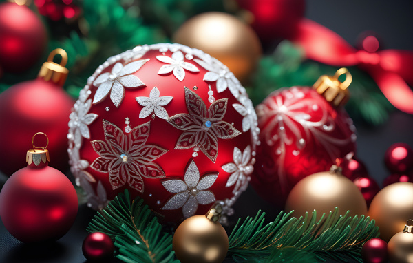 Красивый красный шар с цветами на елку