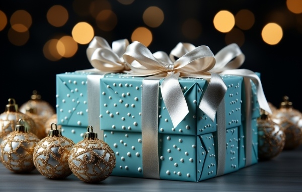 Коробка с подарком и елочными игрушками на Новый год