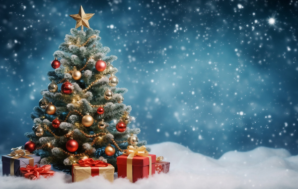 Елка с подарками на синем фоне, шаблон для открытки